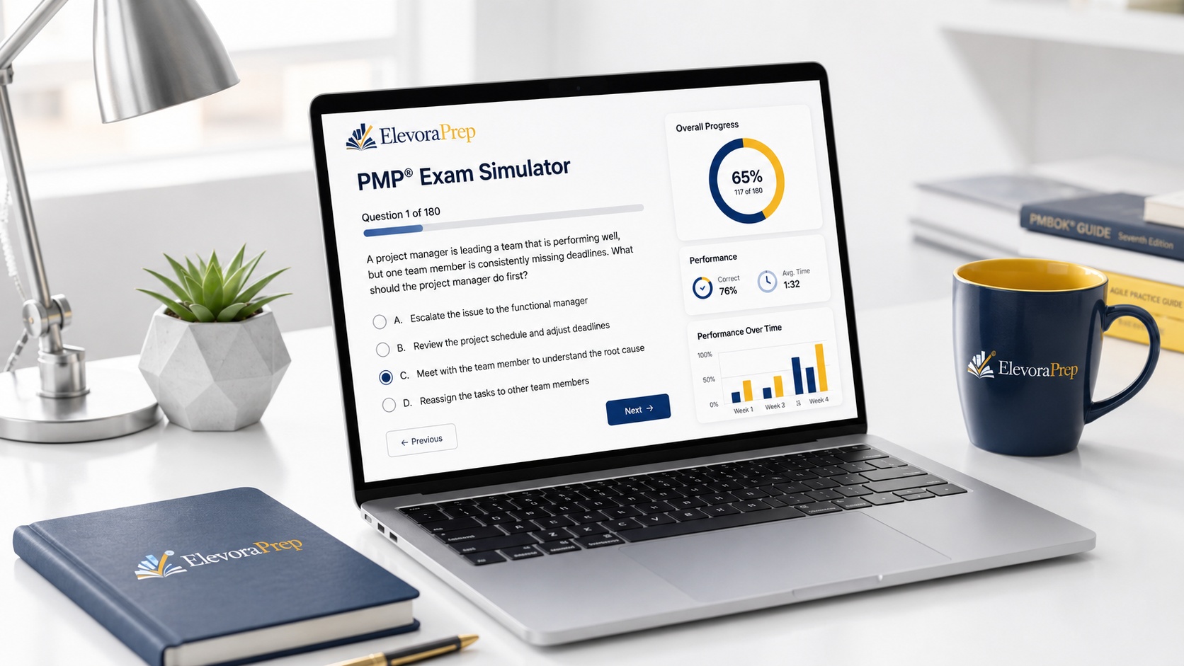PMP exam simulator dashboard on the ElevoraPrep learning platform