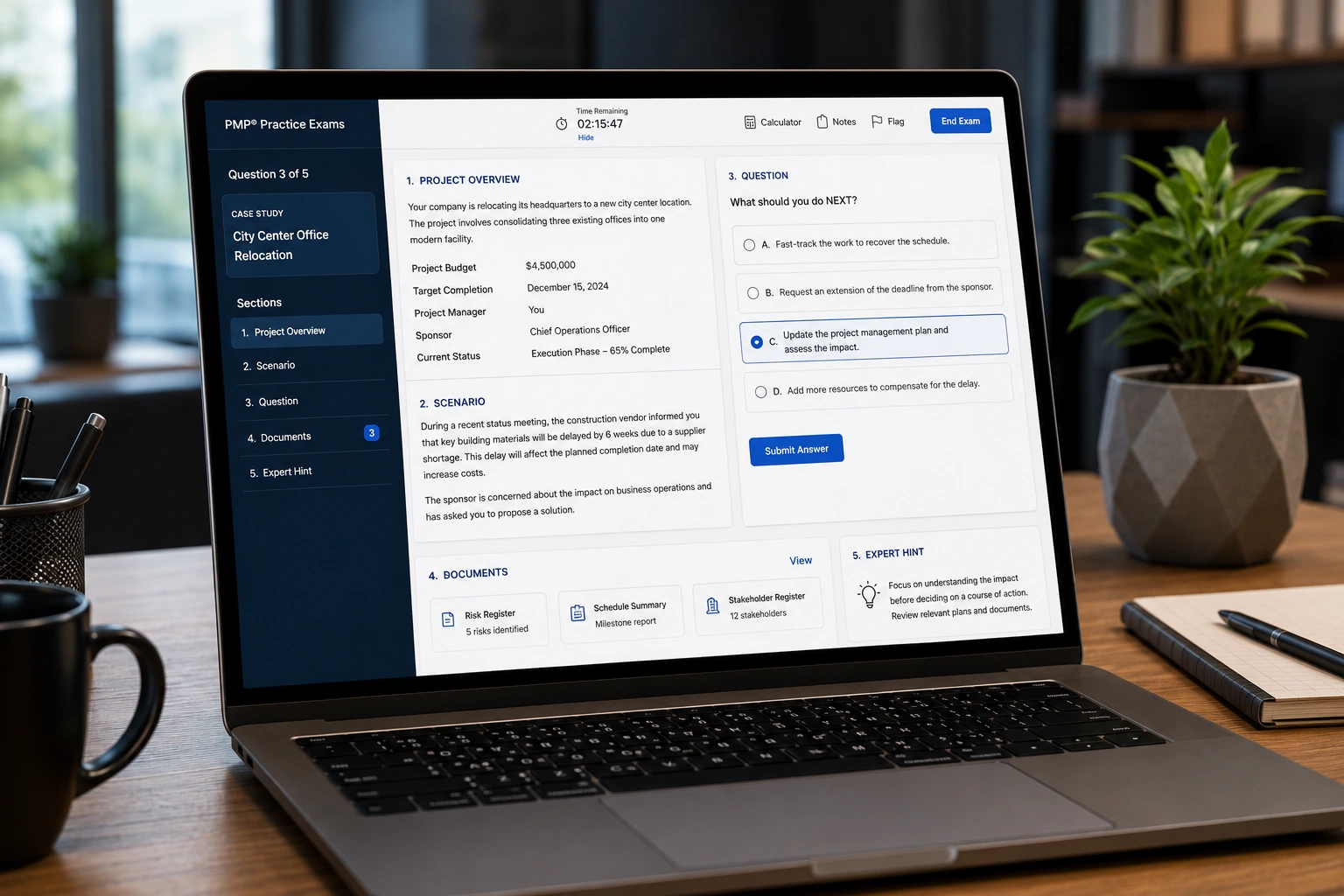 Full-length PMP exam simulator interface